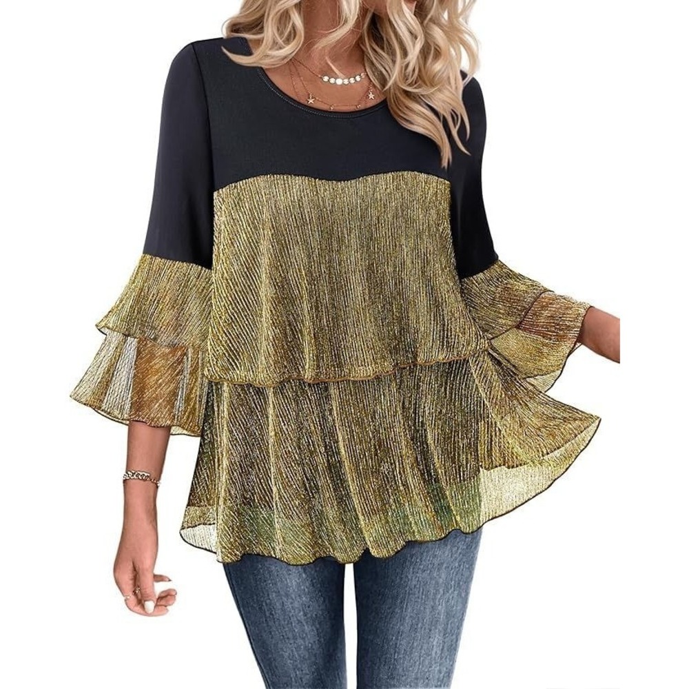 Bebonnie Women's Sparkly Peplum 3/4 Seleve Ruffle Blouse - Black/Gold - 2XL